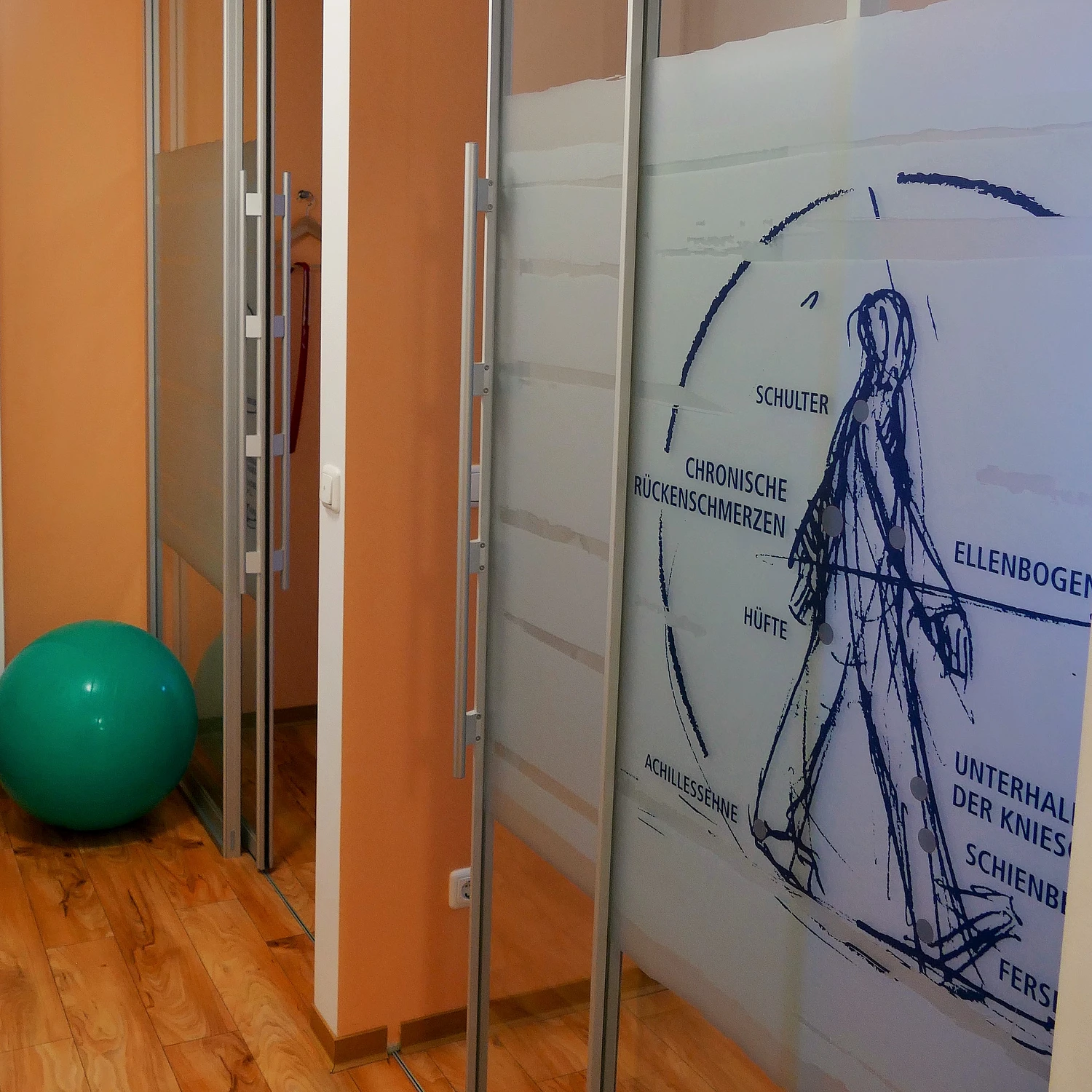 Behandlungsbereich mit Gymnastikball und Glastür mit Beschwerde-Illustration